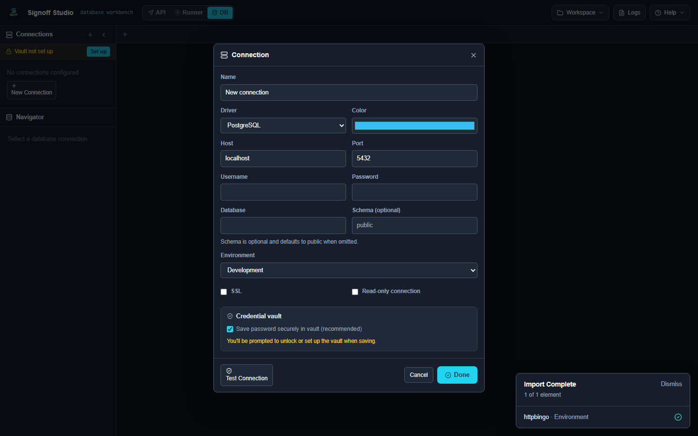 Connection dialog